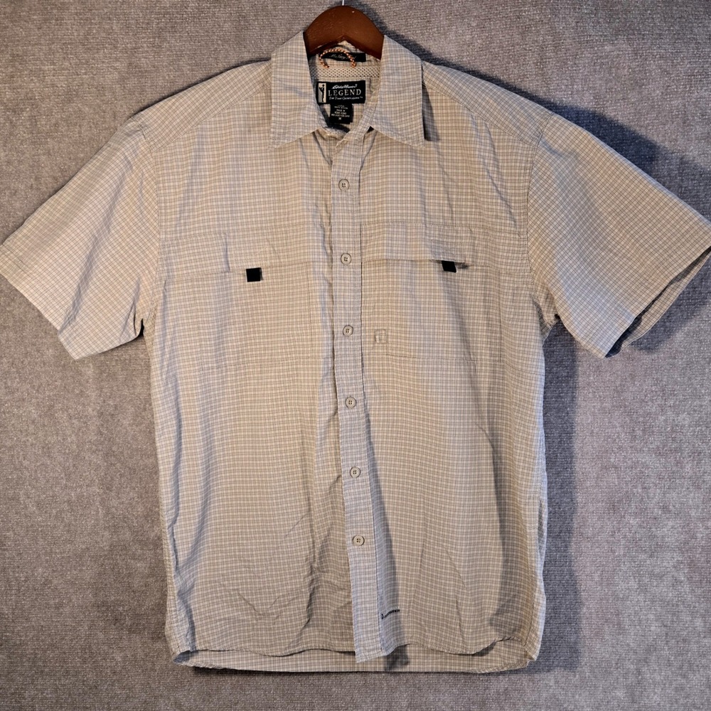 Eddie Bauer Legend Earthtech McNary Short Sleeve Medium Tan Plaid Fishing Vented